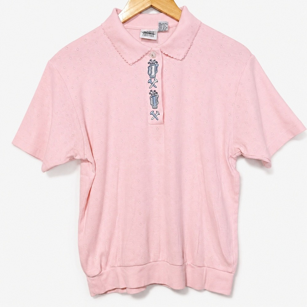 Jason Maxwell Womens‎ M Vintage Golf Polo Pink Embroidered Novelty Banded Hem